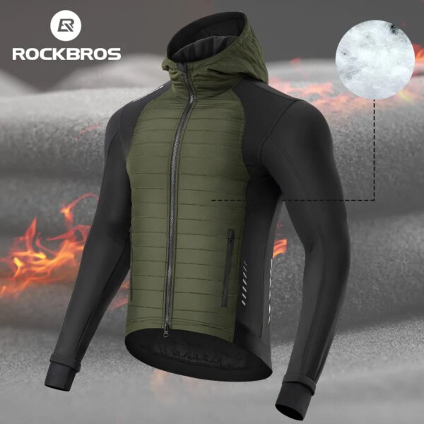 ROCKBROS-chaquetas de ciclismo para hombre, abrigo de algodón con plumón de invierno, calentador polar, Jersey de manga larga para ciclismo, chaquetas deportivas para bicicleta de montaña y carretera