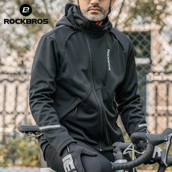 ROCKBROS-Chaqueta de ciclismo de invierno, sudaderas con capucha de lana cálida, chaqueta térmica a prueba de viento con capucha, cazadora de manga larga para hombre, ropa de ciclismo