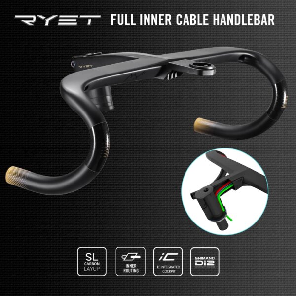 RYET Ergo Ace manillar de bicicleta de carretera con enrutamiento de cables interno completo T800 manillar integrado de carbono Di2 con soporte para ordenador de bicicleta