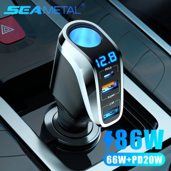 SEAMETAL-cargador de coche de 66W PD20W QC3.0, puerto USB, cargador de teléfono de carga rápida, adaptador de corriente Universal para encendedor de cigarrillos de 12V/24V