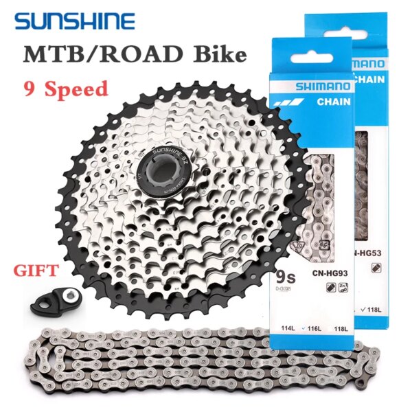 SUNSHINE-Juego de cadena de bicicleta de carretera Shimano, volante de inercia de 9 velocidades, cadenas HG53 HG93 KMC X9 11-25T/28T/32T/36T/40T/42T 9V, Cassette de bicicleta MTB