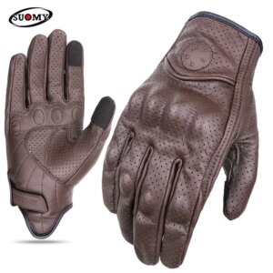 SUOMY Guantes de cuero para motocicleta Vintage Hombres Mujeres Moto Ciclismo Guantes de primavera Retro Moto Motocross ATV Motor Guantes Marrón