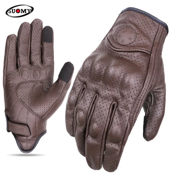 SUOMY Guantes de cuero para motocicleta Vintage Hombres Mujeres Moto Ciclismo Guantes de primavera Retro Moto Motocross ATV Motor Guantes Marrón