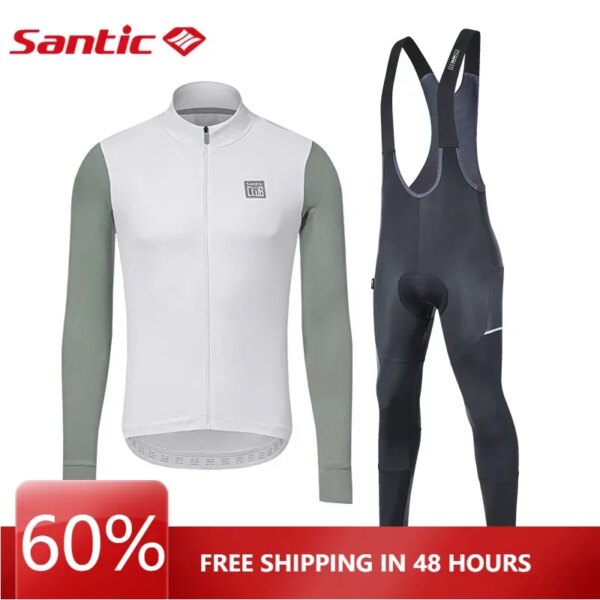 Santic-Conjuntos de ciclismo para hombre, ropa térmica reflectante a prueba de viento, ropa para bicicleta de montaña, pantalones con pechera, invierno