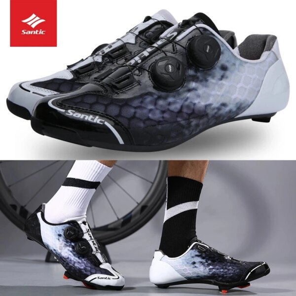 Santic-zapatos de ciclismo para hombre, calzado con cierre para bicicleta de carretera, suela de fibra de carbono, doble hebilla de rotación, fijación rápida, zapatos para bicicleta de carreras