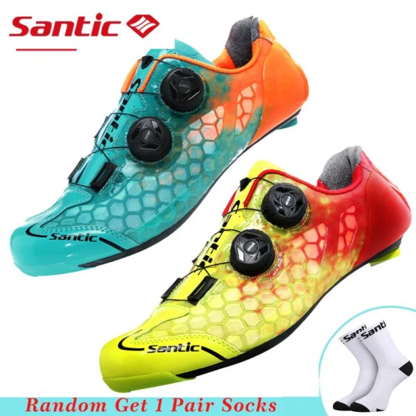 Santic-zapatos de ciclismo para hombre, suela de fibra de carbono PRO MTB, zapatos de bicicleta de carretera, zapatillas con bloqueo automático, ultraligeros y transpirables