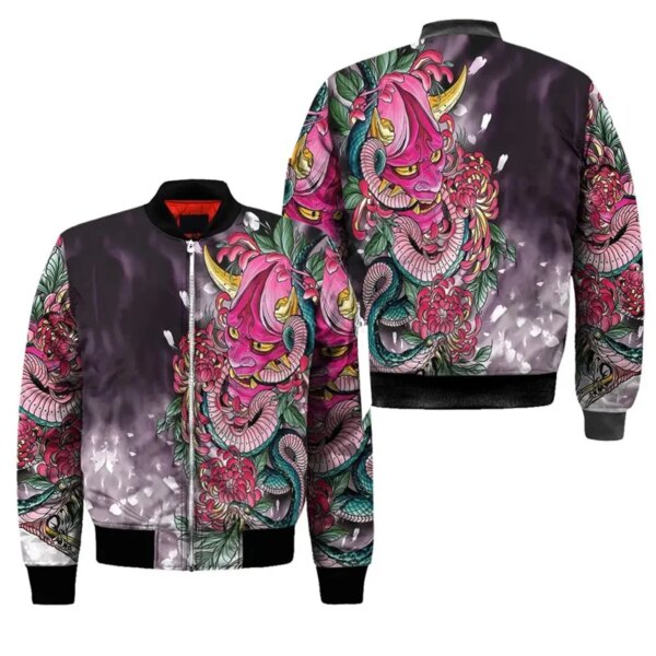 Primavera otoño chaqueta Bomber para hombre máscara Samurai Oni tatuaje 3D completamente estampado chándales con cremallera chaqueta informal Unisex con cremallera ropa