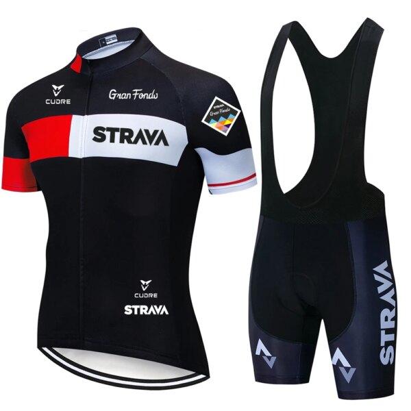 Strava-Conjunto de Jersey de ciclismo, traje de ciclismo de manga corta, ropa de bicicleta de carreras de equipo profesional de verano, traje transpirable con pechera para ciclismo de montaña