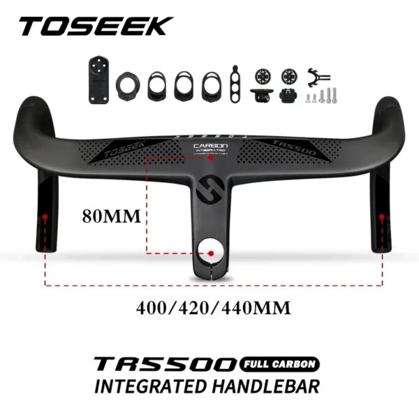 Manillar integrado TOSEEK, manillar de bicicleta de carretera de fibra de carbono completo, barra ultraligera de 400/420/440mm con vástago de bicicleta