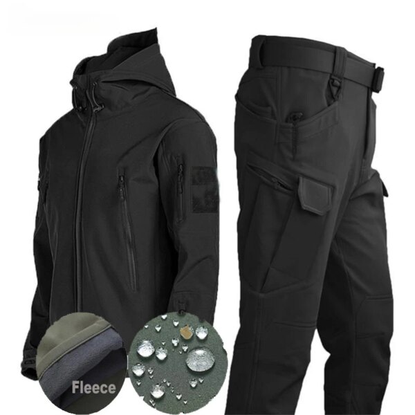 Ropa táctica para hombre, chaqueta gruesa de cuero de tiburón de invierno, traje de montañismo de terciopelo, pesca, conjunto de dos piezas a prueba de viento