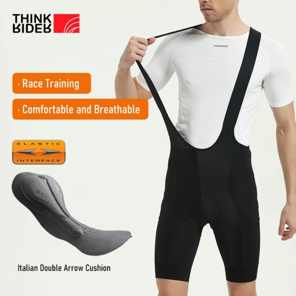 ThinkRider-pantalones cortos con pechera para ciclismo para hombre, ropa de ciclismo con acolchado 3D, interfaz elástica de larga distancia, cojín profesional, pantalones para MTB