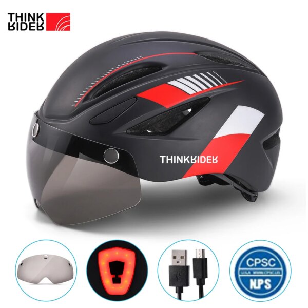 Casco de ciclismo ThinkRider con visera, gafas magnéticas y luces traseras de 58-61cm para hombres y mujeres, casco de bicicleta de carretera MTB