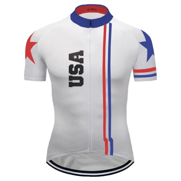 EE. UU. 2024 Chaqueta deportiva de ciclismo Camiseta de manga corta Ropa de carretera Jersey Bicicleta Pro Outdoor Downhill Sweatproof Runing Baberos blancos