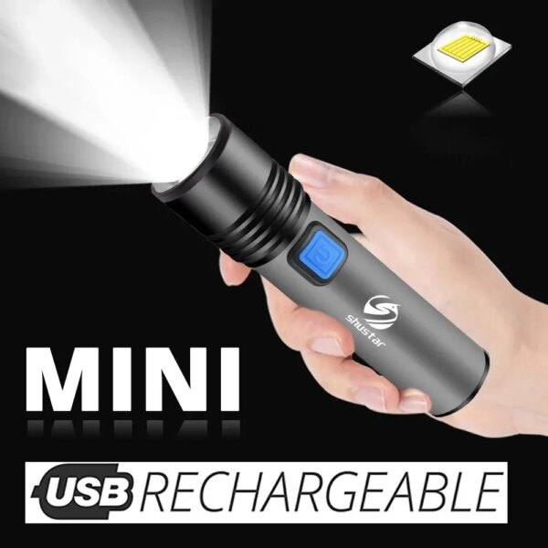 Linterna LED recargable por USB con LED incorporada, batería de litio de 1200mAh, luz de Camping impermeable, antorcha con zoom