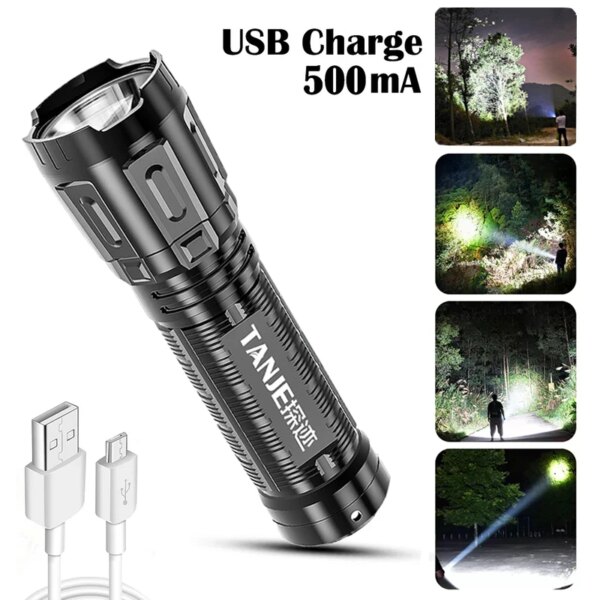 Mini linterna LED ultrabrillante, batería recargable por USB, función de Banco de energía, antorcha para acampar al aire libre, pesca, senderismo, luz Flash