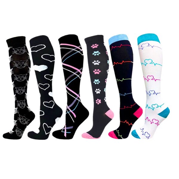 Calcetines de compresión unisex para venas varicosas, medias de gato negro con forma de corazón, para correr al aire libre, ciclismo, medias largas de presión