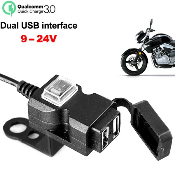 Cargador USB Dual para motocicleta actualizado con interruptor de encendido/apagado, cargador de teléfono para manillar de motocicleta a prueba de agua, toma de carga rápida