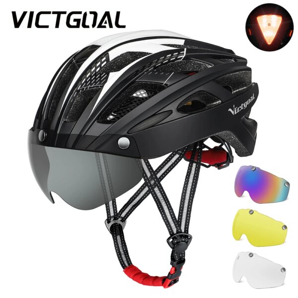 VICTGOAL Casco de bicicleta para adultos con gafas magnéticas desmontables y luz trasera LED de seguridad cascos de ciclismo para hombres y mujeres