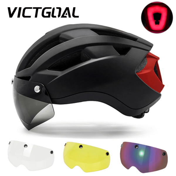 VICTGOAL Casco de Bicicleta con Gafas magnéticas extraíbles Casco de Bicicleta con luz Trasera Recargable por USB para Adultos Hombres/Mujeres Talla M/L