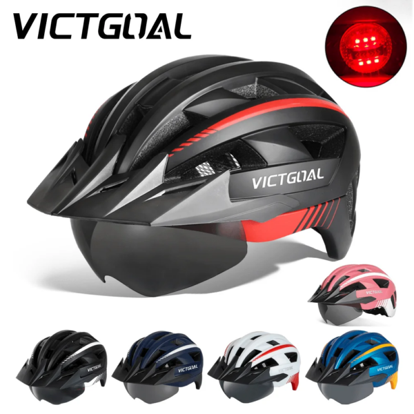 VICTGOAL-casco de ciclismo con visera para hombre y mujer, gafas con lentes, cascos de bicicleta de montaña, luz trasera, Scooter Eléctrico, casco de motocicleta