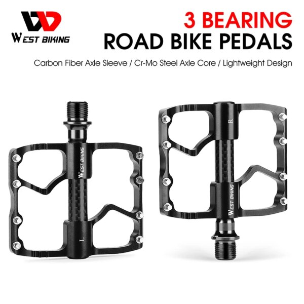 WEST BIKING-Pedal de bicicleta ultraligero, 3 rodamientos, eje de fibra de carbono, Pedal hueco, Ciclismo de Carretera, estribo antideslizante, accesorios para bicicleta