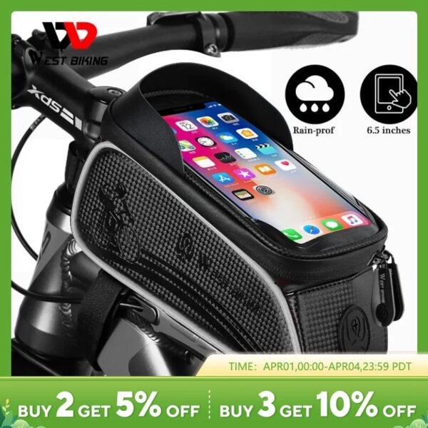 WEST BIKING-bolsa para bicicleta, bolsa para cuadro de tubo frontal, resistente al agua, funda para teléfono de 6,5 pulgadas, almacenamiento con pantalla táctil, bolsa para bicicleta de montaña y carretera