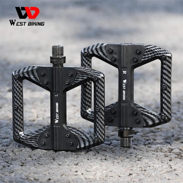 Pedales integrados WEST BIKING MTB, pedales planos ultraligeros de 3 rodamientos, pedales especializados con revestimiento de fibra de carbono y nailon de aleación de aluminio