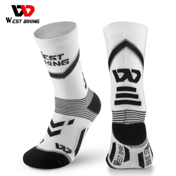 WEST BIKING-Calcetines deportivos de algodón para hombre, calcetín para ciclismo de carretera, con letras a rayas, fútbol, ​​transpirables, para baloncesto y correr