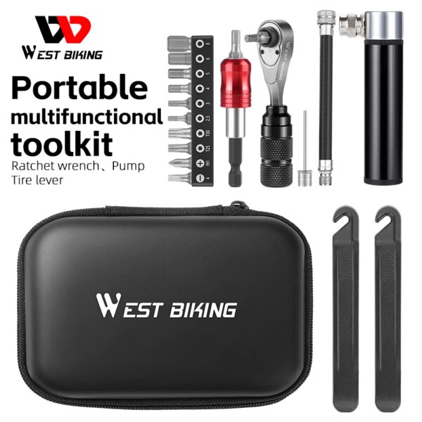 WEST BIKING-kit de herramientas multifuncional, bolsa de herramientas de reparación de bicicletas portátil, llave de trinquete 4 en 1, bomba, palanca de neumático, conjunto de herramientas de reparación de bicicletas