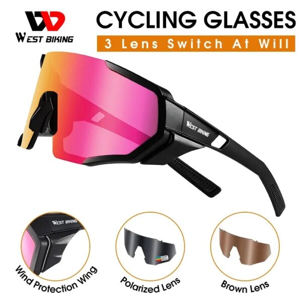 WEST BIKING-gafas polarizadas para ciclismo, 3 lentes de protección UV400, gafas para deportes al aire libre, gafas de sol para carreras para hombres y mujeres