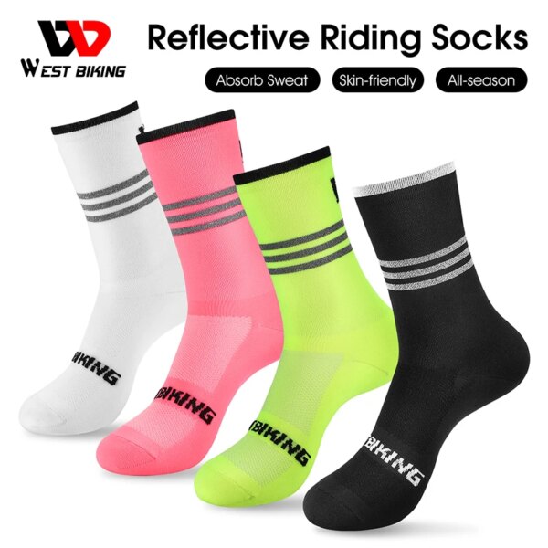 WEST BIKING-Calcetines reflectantes para ciclismo, medias transpirables de alta elasticidad para hombre y mujer, para deportes al aire libre, correr, fútbol, ​​calcetín profesional para bicicleta