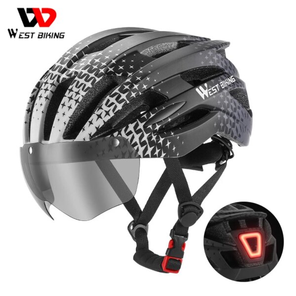 WEST BIKING-casco de seguridad para ciclismo para hombre, gafas magnéticas, casco femenino ligero para bicicleta de carretera con luz LED, equipo MTB