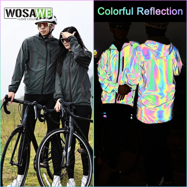 WOSAWE-Chaqueta de ciclismo para hombre y mujer, cortavientos reflectante de arcoíris, resistente al viento, impermeable, abrigo para bicicleta, disfraz brillante para Fiesta Disco