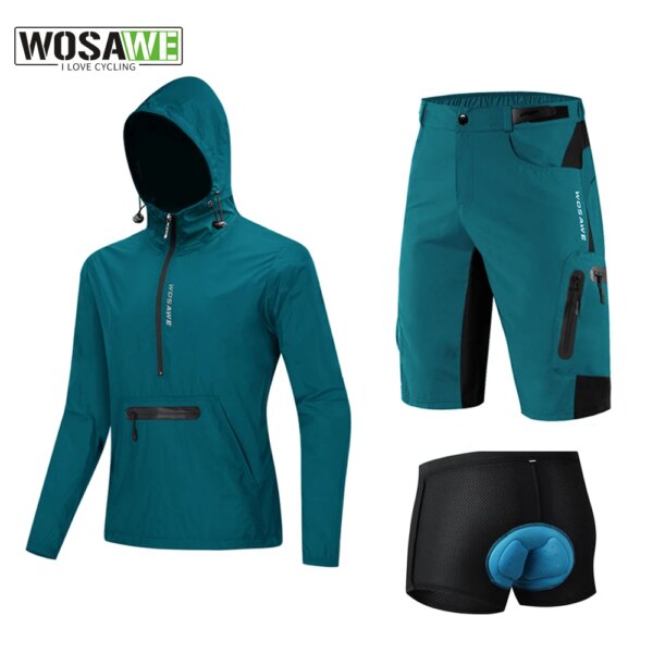 WOSAWE-Conjunto de chaqueta de ciclismo para hombre, cortavientos reflectante repelente al agua con cremallera parcial, pantalones cortos acolchados 5D para bicicleta de montaña, ropa de ciclismo