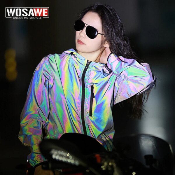 WOSAWE-Chaqueta reflectante de arcoíris para hombre y mujer, cortavientos con capucha, alta visibilidad, impermeable, para correr en motocicleta, abrigo de viento seguro para la noche
