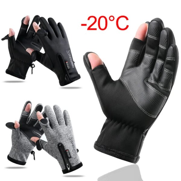 Guantes de pesca de invierno con 2 dedos, guantes de invierno impermeables a prueba de viento para hombres y mujeres, guantes cálidos de protección para pesca con caña