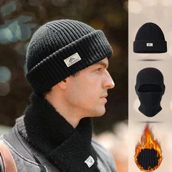 Gorro tejido de invierno, gorro grueso de algodón para el frío, gorro cálido para ciclismo al aire libre, gorro máscara 2 en 1, gorro de protección facial completo, gorro con orejeras