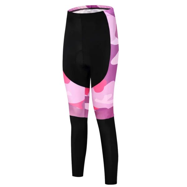 Pantalones de ciclismo de longitud completa para mujer, cintura elástica, camuflaje morado, cojín de protección 3D antisudor, servicio personalizado/al por mayor