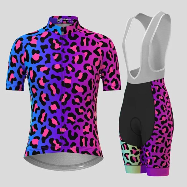 Ropa de ciclismo para mujer, conjunto de Jersey de ciclismo con estampado de leopardo degradado, ropa transpirable de manga corta para bicicleta de montaña