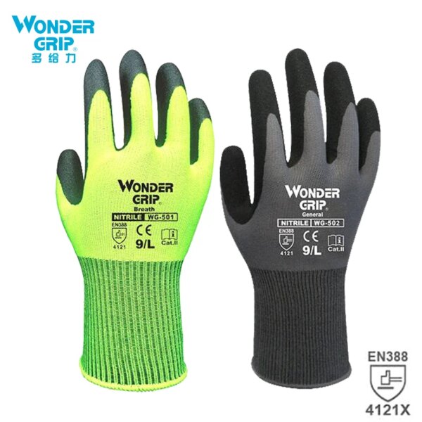 Wonder Grip-guantes de construcción para fontanero, carcasa de nailon rojo, revestimiento de arena de nitrilo negro, guantes de seguridad para el trabajo, guantes de trabajo para hombre