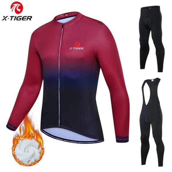 X-TIGER Cycl Jersey Set hombre invierno gradiente serie ciclismo Jersey bicicleta Bib medias térmicas polar bicicleta conjunto de manga larga