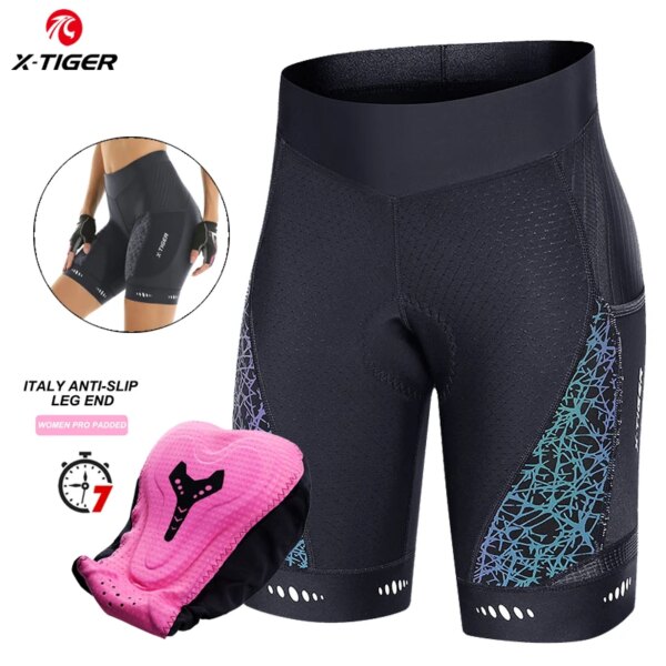 Pantalones cortos de ciclismo X-TIGER para mujer, pantalones cortos competitivos con esponja acolchada, pantalones cortos para bicicleta de montaña de 7h con bolsillos laterales, medias con pechera de verano