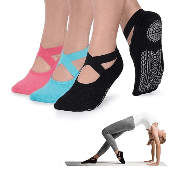 Calcetines de yoga para mujer con empuñaduras y correas antideslizantes, calcetines de algodón con vendaje, ideales para pilates Pure Barre Ballet Dance entrenamiento descalzo