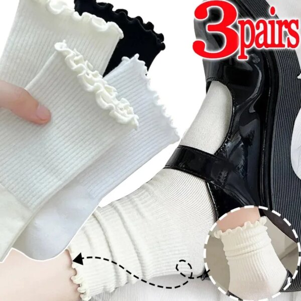 Calcetines tobilleros con volantes de algodón para mujer, medias coreanas Kawaii bonitas de Lolita, medias japonesas de tubo medio blanco y negro de primavera, 1/2/3 pares