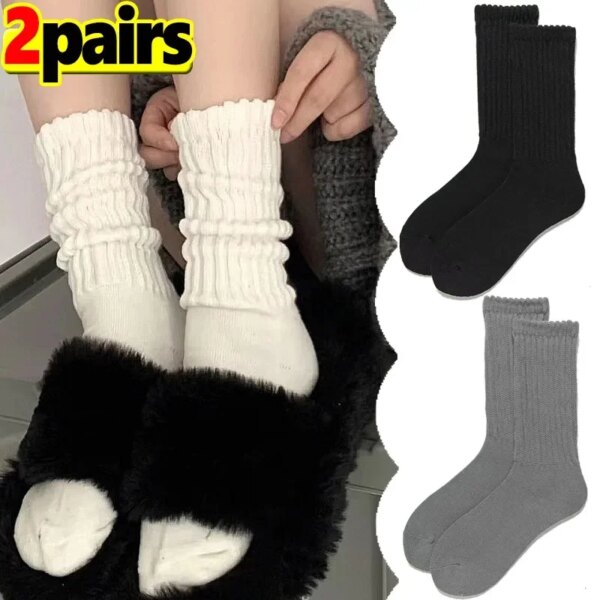 1/2 pares de calcetines largos Lolita para mujer, Color sólido, tejido, cálido, tubo medio, calentador blanco, Otoño Invierno, calcetines de ganchillo, puños para botas