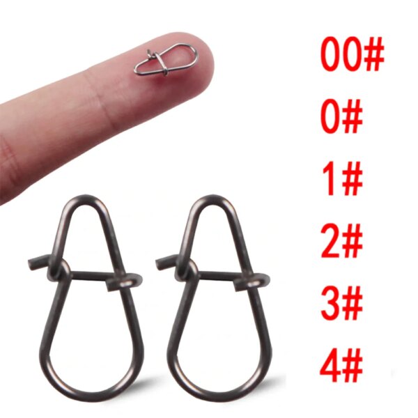 100 Uds. De acero inoxidable, broche de pesca con gancho a presión, accesorios de Clip Fastlock, aparejos para gancho de señuelo giratorio de barril