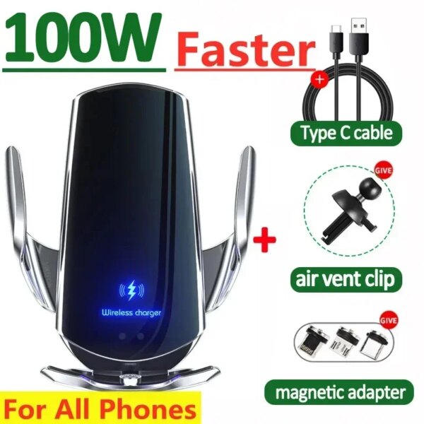 Cargador de coche inalámbrico de 100W, soporte magnético para teléfono de coche para iPhone 15, 14, 13, 12, 11 Pro, Xiaomi, Samsung, cargadores inalámbricos de carga rápida