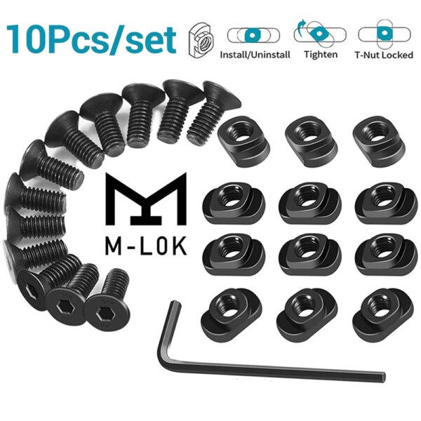 Juego de 10 Uds de tornillos y tuercas de repuesto para M-LOK, juego de repuesto de tornillos con tuerca en T para secciones de barandillas de guardamanos MLOK, accesorios para armas de caza