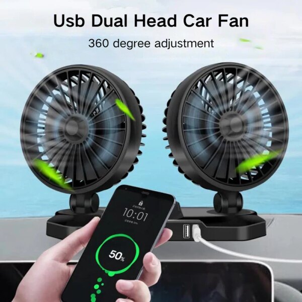 Ventilador de coche de doble cabezal Usb de 12V y 24V, ventilador de aire ajustable de 2 velocidades, ventilador de refrigeración para coche, accesorios para coche, regulación del viento