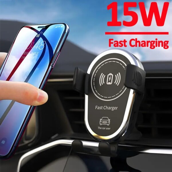 Cargador de coche inalámbrico de 15W, soporte para teléfono móvil con ventilación de aire, estación de carga rápida para iPhone 14, 13, 12, 11, X, Xiaomi y Samsung